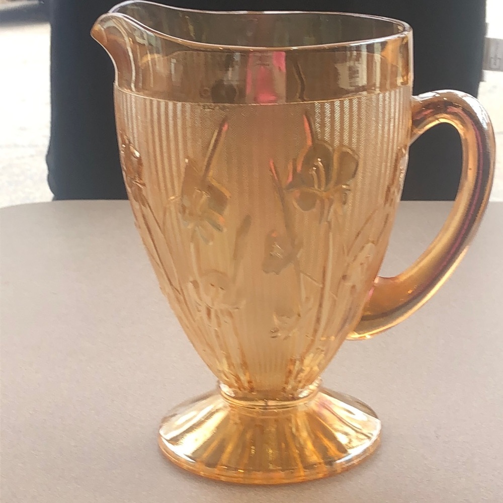 Vintage Peach Iridescent Carnival Glass Iris & Herringbone Pitcher